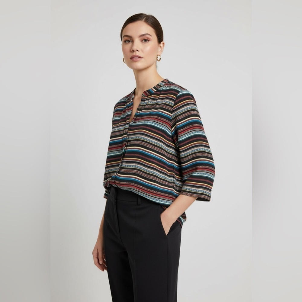 Dana Buchman Multicolor Striped Split Neck Blouse Long Sleeve Size XL